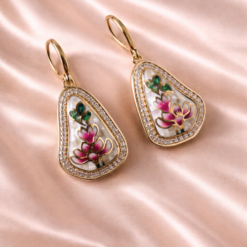 Floral Inlay Gold Earrings