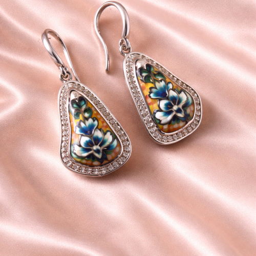 Floral Inlay Silver Earrings