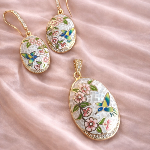Floral Bird Inlay Pendant Set