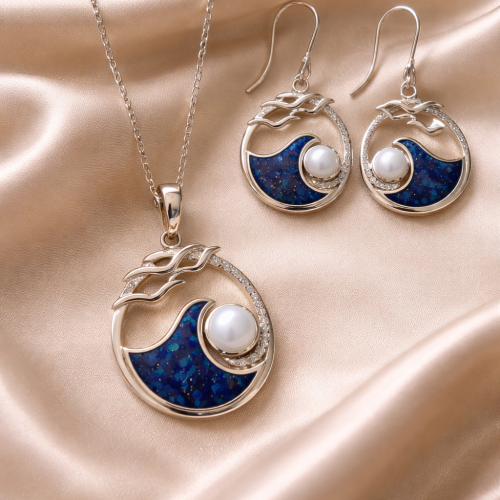 Luxury Lapis And Pearl Pendant Set