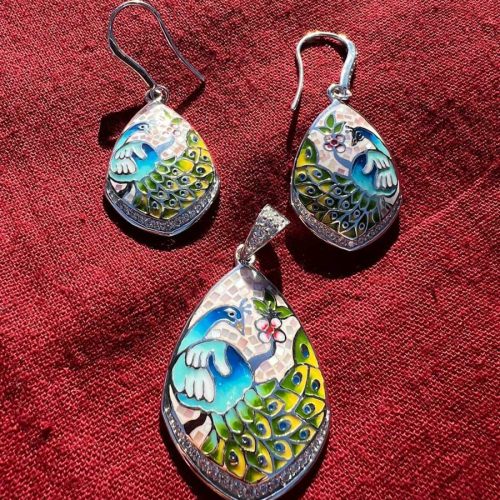 Peacock silver Enamel pendant set