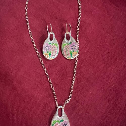 Rose gold floral enamel pendant set