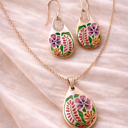 Rose gold floral enamel pendant set