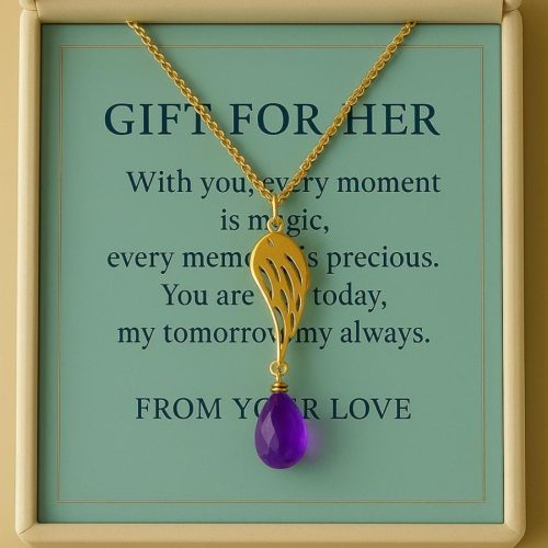 Amethyst Drop Wing Pendant in Gold