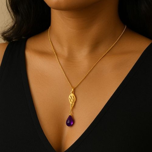 Amethyst Drop Wing Pendant in Gold
