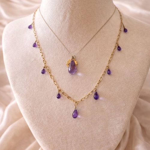 Amethyst Dual-Layer Necklace with Gold Floral Charm
