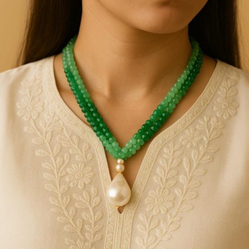 Green Onyx Beaded Necklace with Baroque Pearl