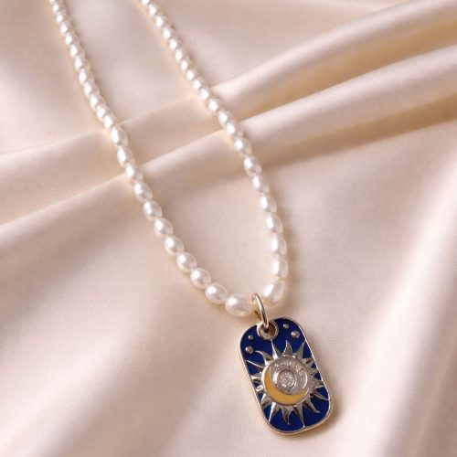 Blue Sun & Moon Pearl Pendant Necklace