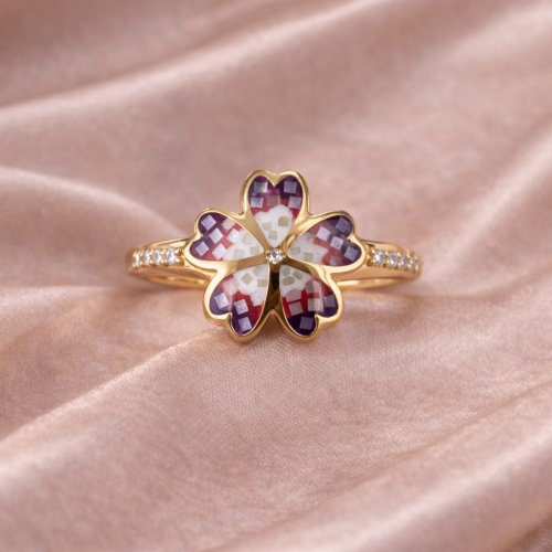 Italian Enamelled Floral Gold Ring