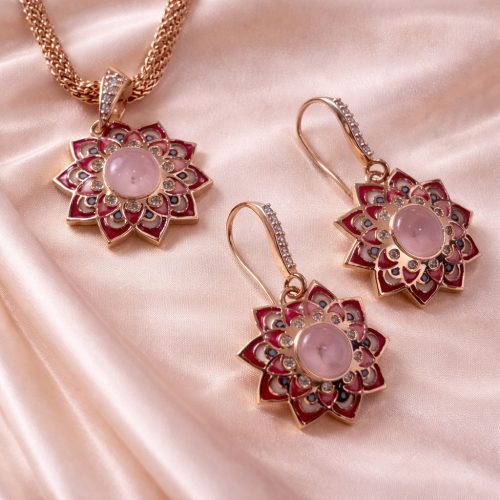 Rose Quartz Enamel Rose Gold Pendant Set