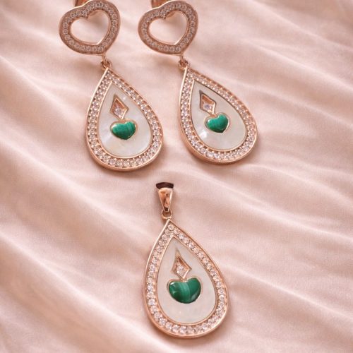 Mother of Pearl & Malachite Pear-Shaped Pendant Set