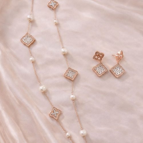 Rose Gold Mother of Pearl Long Chain Necklace Set