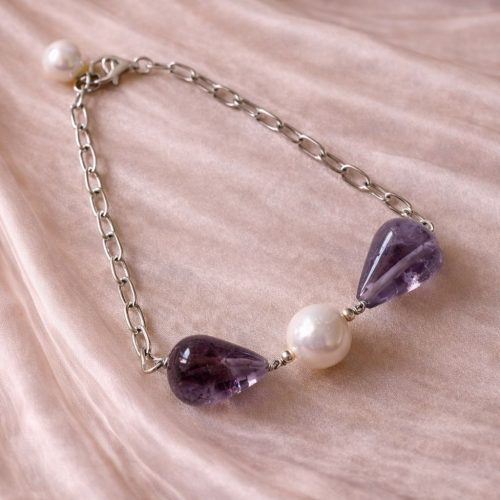 Amethyst Drop & Pearl Silver Chain Bracelet