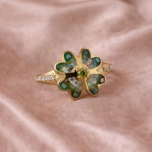 Golden Green Enamelled Floral Italian Ring