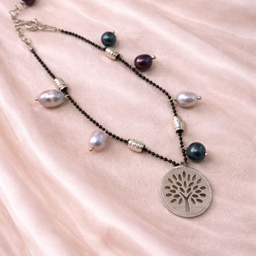Italian Black Chain Pearl Drop Bracelet with Tree Charm
