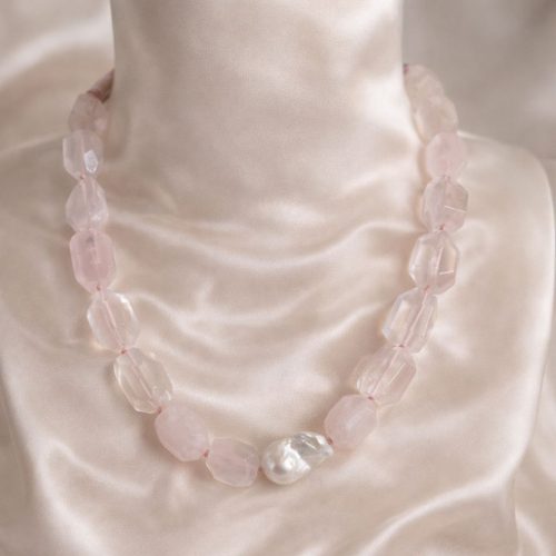 Rose Quartz Tumble Necklace with Baroque Pearl Center