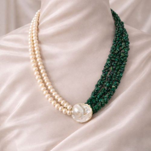 Freshwater Pearl & Malachite Chip Dori Necklace
