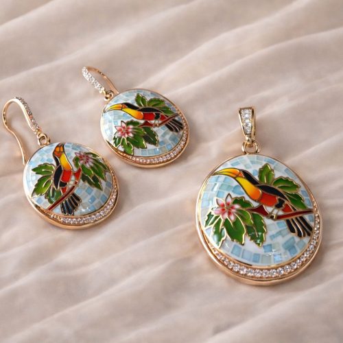 Enamelled Bird Motif Pendant Set