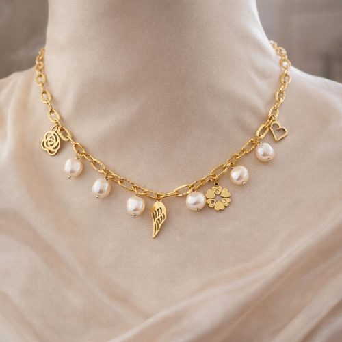 Gold Chain with Pearl Hangings & Charms