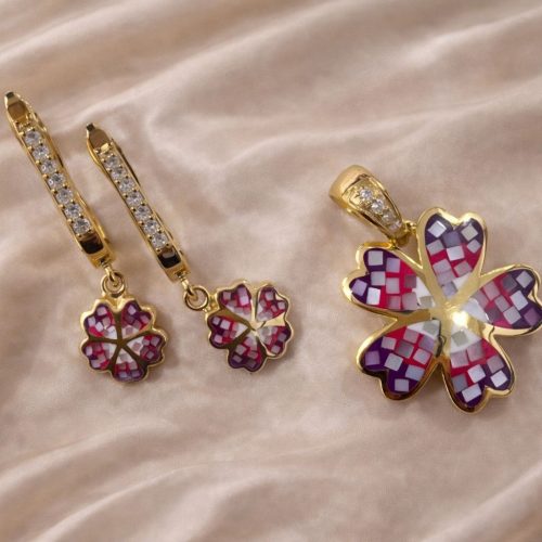 Pink Enamelled Mosaic Floral Pendant Set