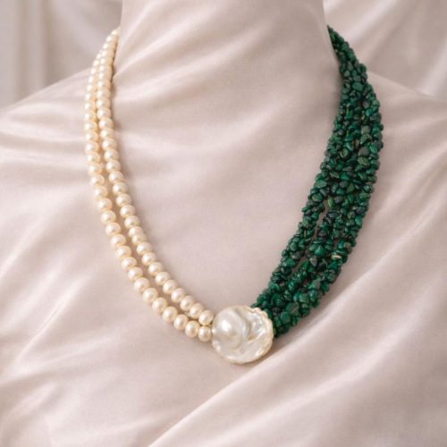 Freshwater Pearl & Malachite Chip Dori Necklace