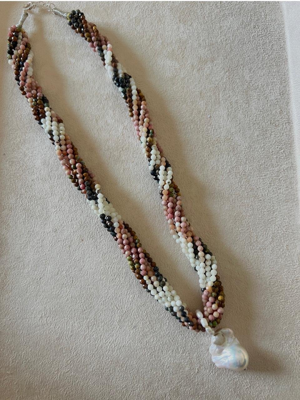 Multi-Tourmaline Rope Necklace with Baroque Pearl Pendant