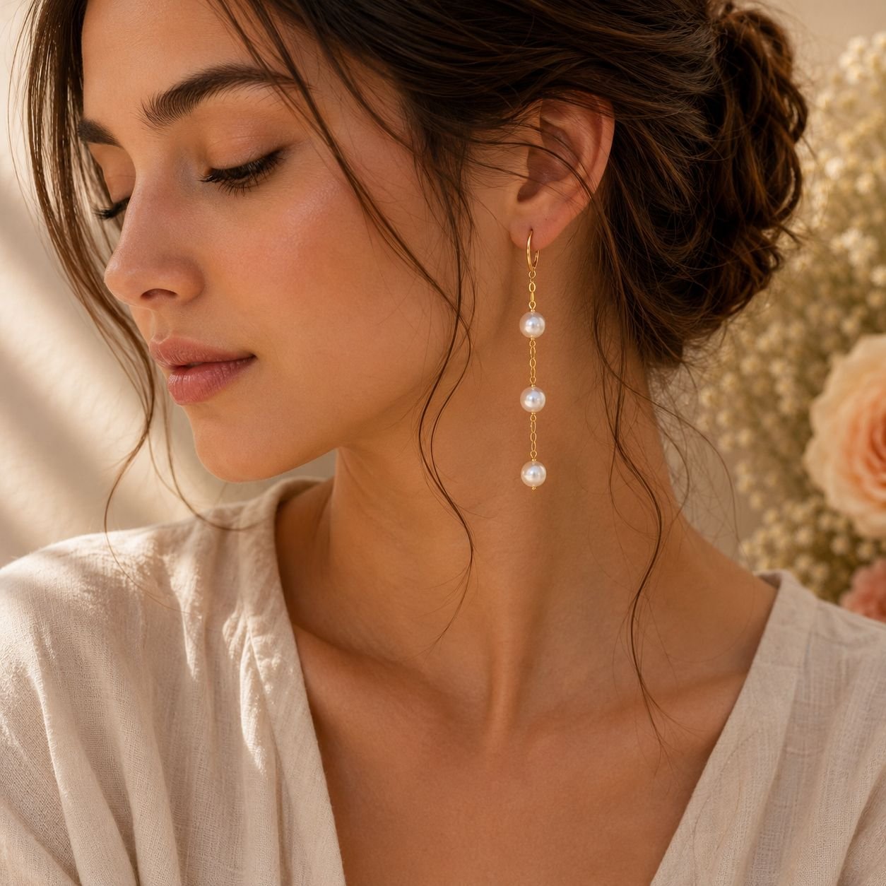Triple Pearl Drop Earrings - Image 2