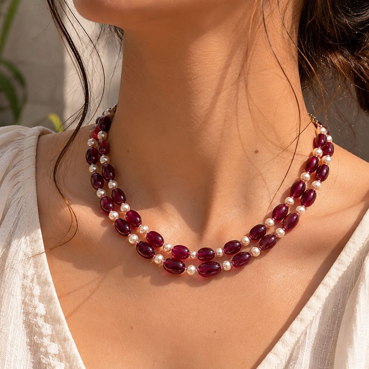 Red Quartz & Freshwater Pearl Double-Line Necklace - Image 2