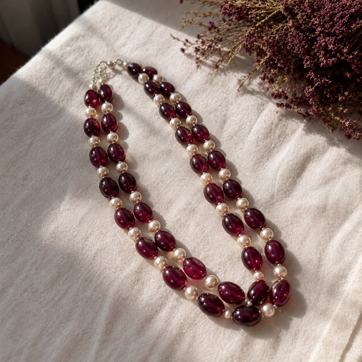 Red Quartz & Freshwater Pearl Double-Line Necklace