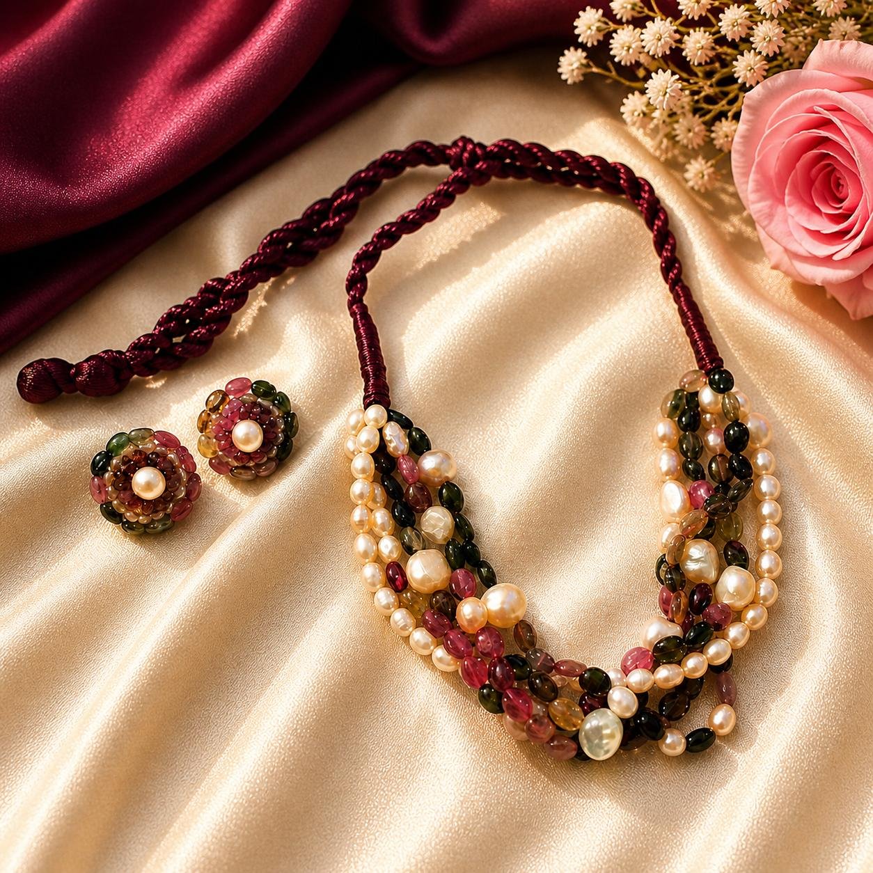 Multi-Tourmaline Pearl Necklace Set