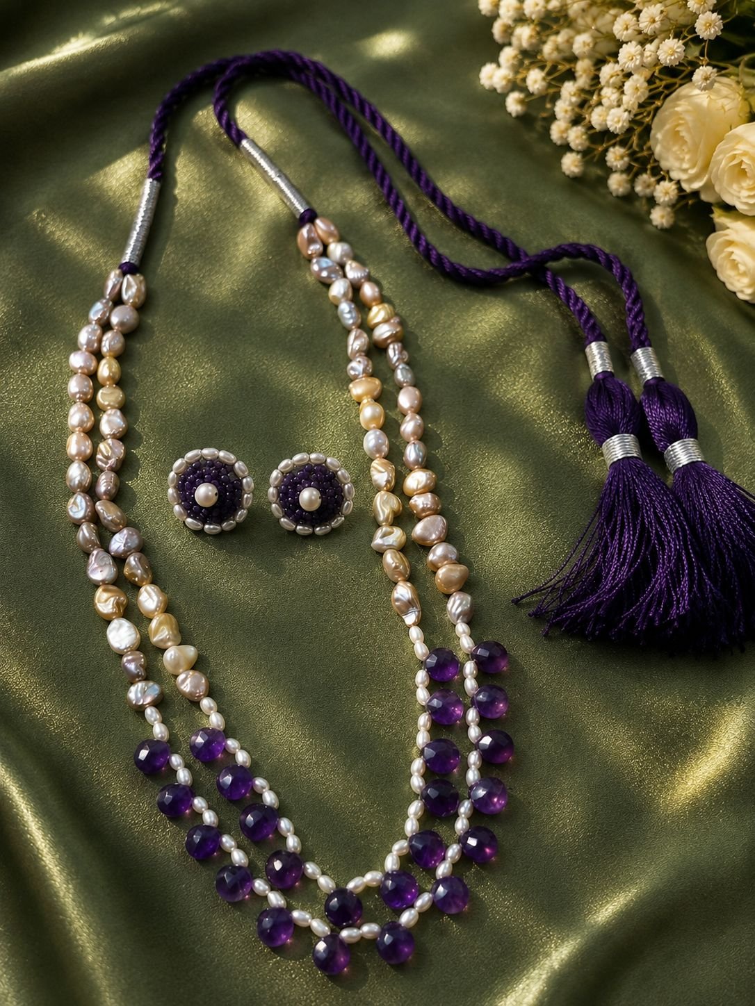 Amethyst Pearl Double-Line Necklace Set