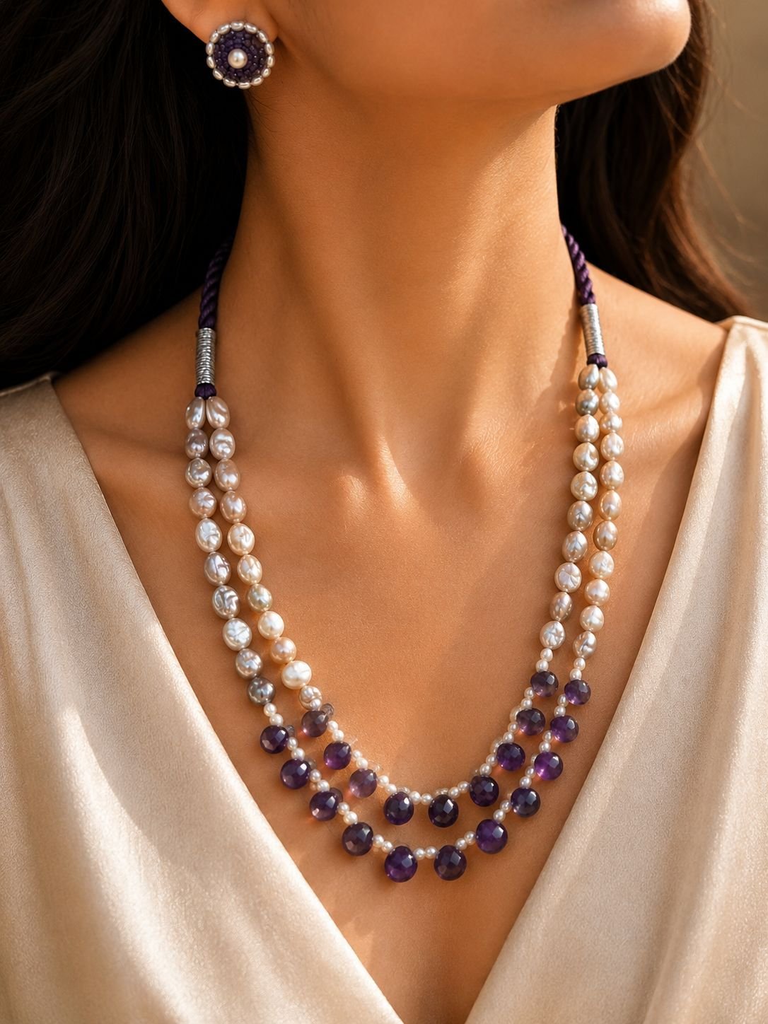 Amethyst Pearl Double-Line Necklace Set - Image 2