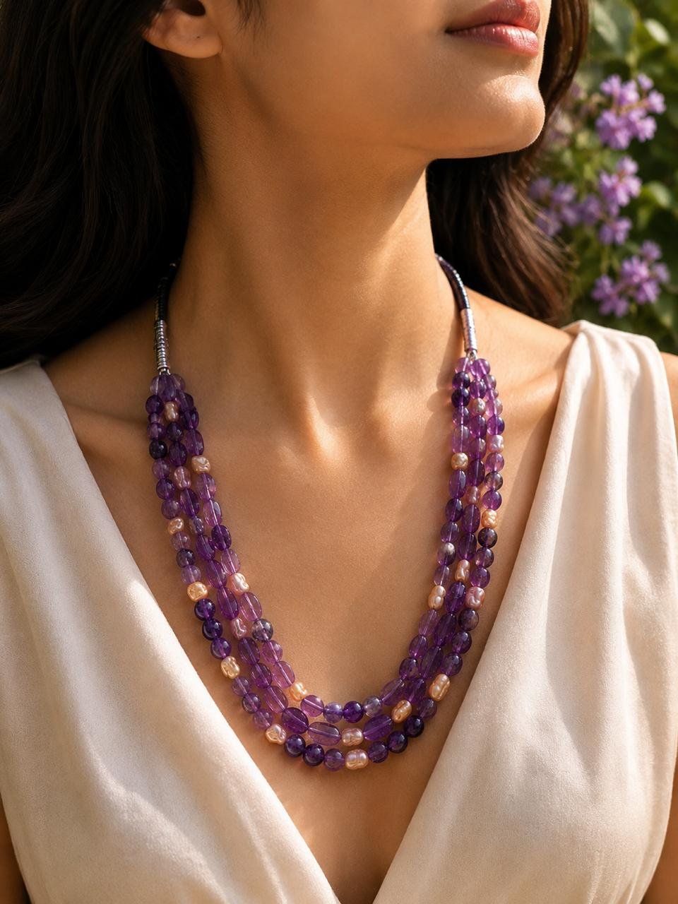 Amethyst Pearl Three-Line Necklace - Image 2