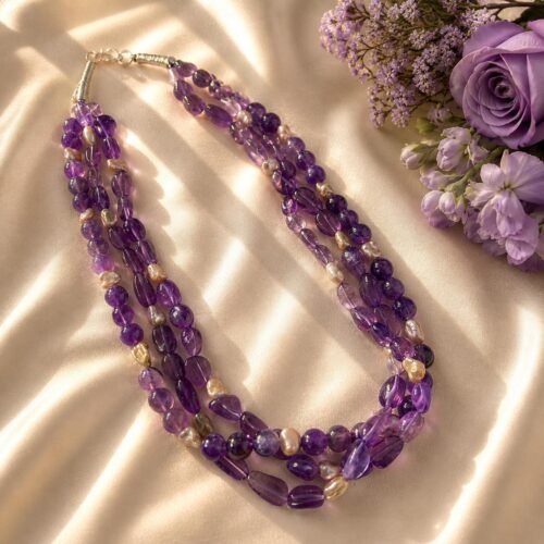 Amethyst Pearl Three-Line Necklace