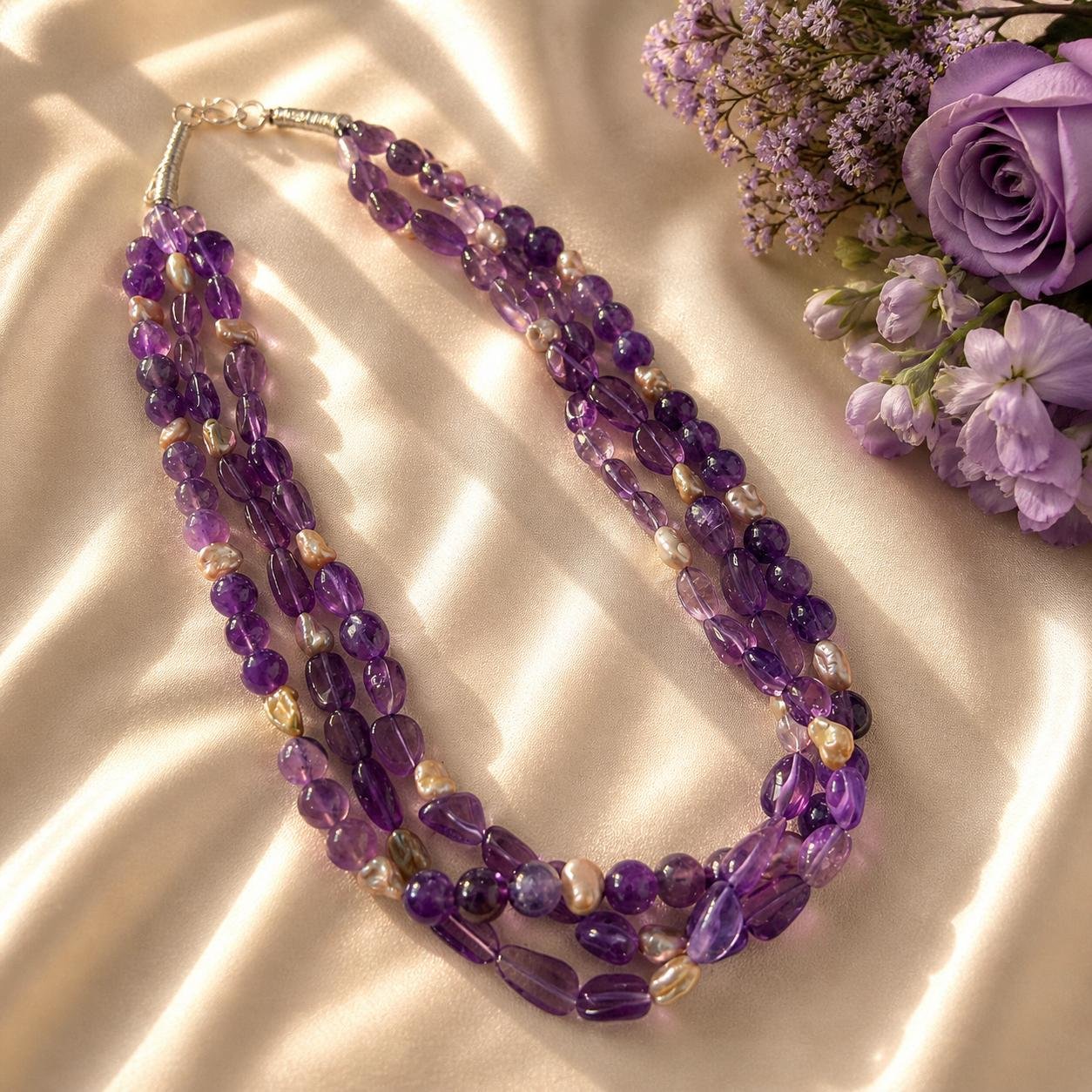 Amethyst Pearl Three-Line Necklace