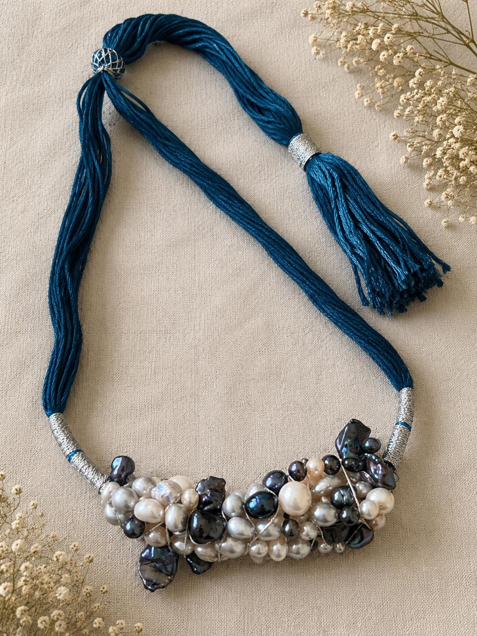 Grey-Blue Mixed Pearl Kantha Necklace