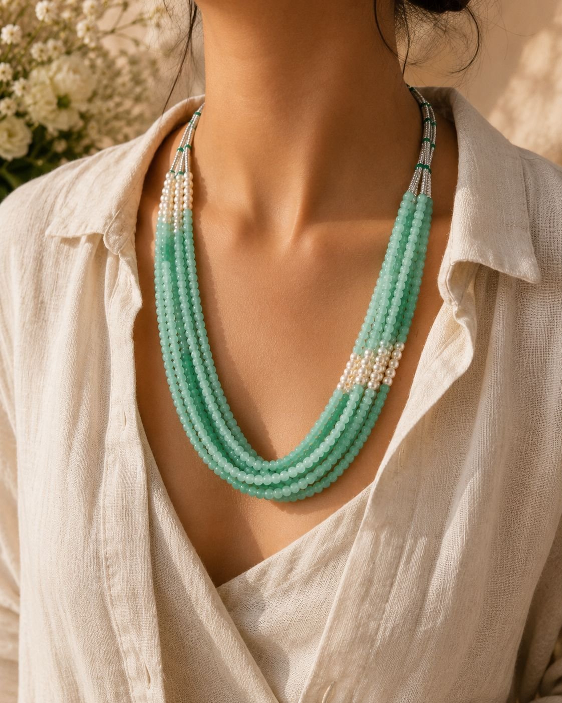 Green Quartz & Freshwater Pearl Multi-Layer Necklace