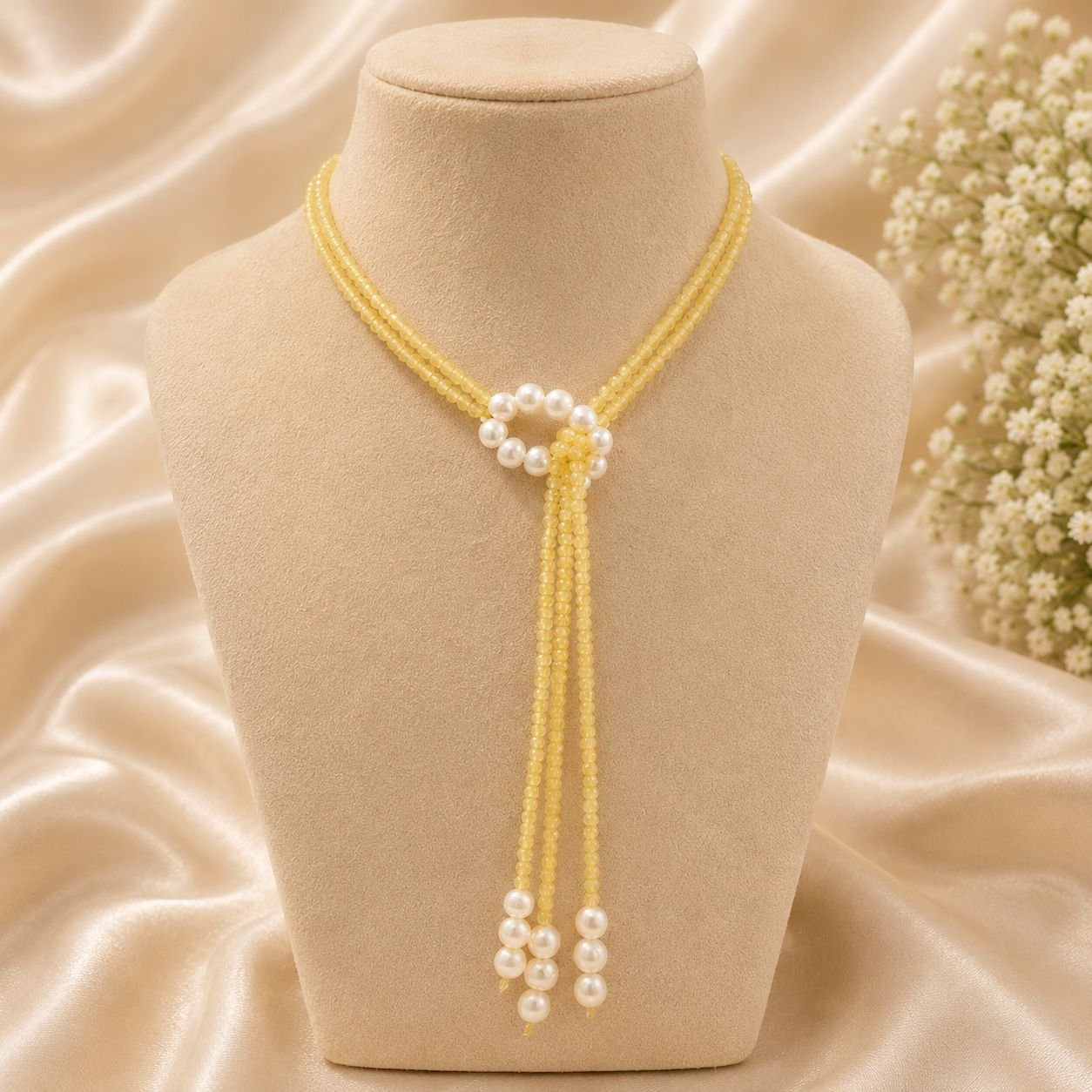Yellow Quartz Pearl Lariat Necklace