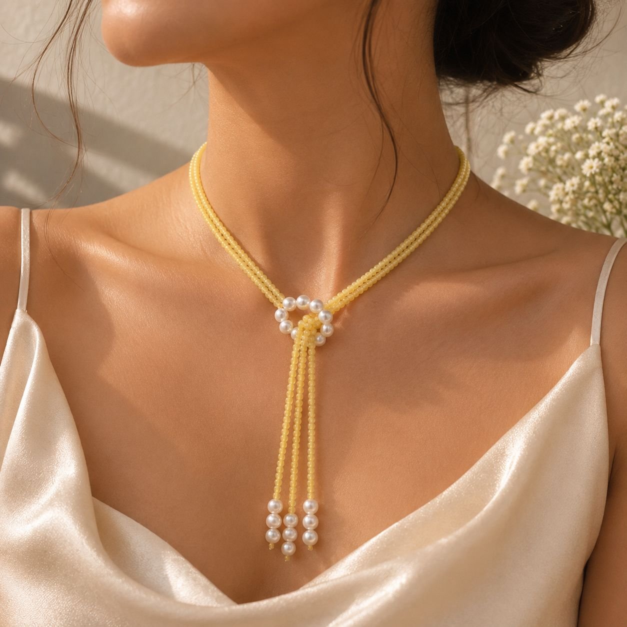 Yellow Quartz Pearl Lariat Necklace - Image 2