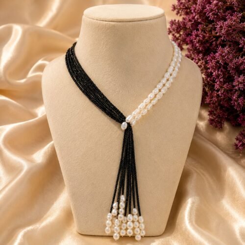 Black Spinel & Freshwater Pearl Lariat Necklace