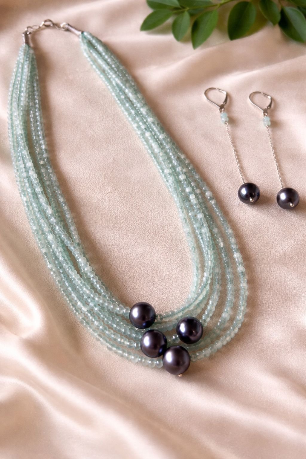 Blue Onyx & Grey Pearl Statement Necklace Set
