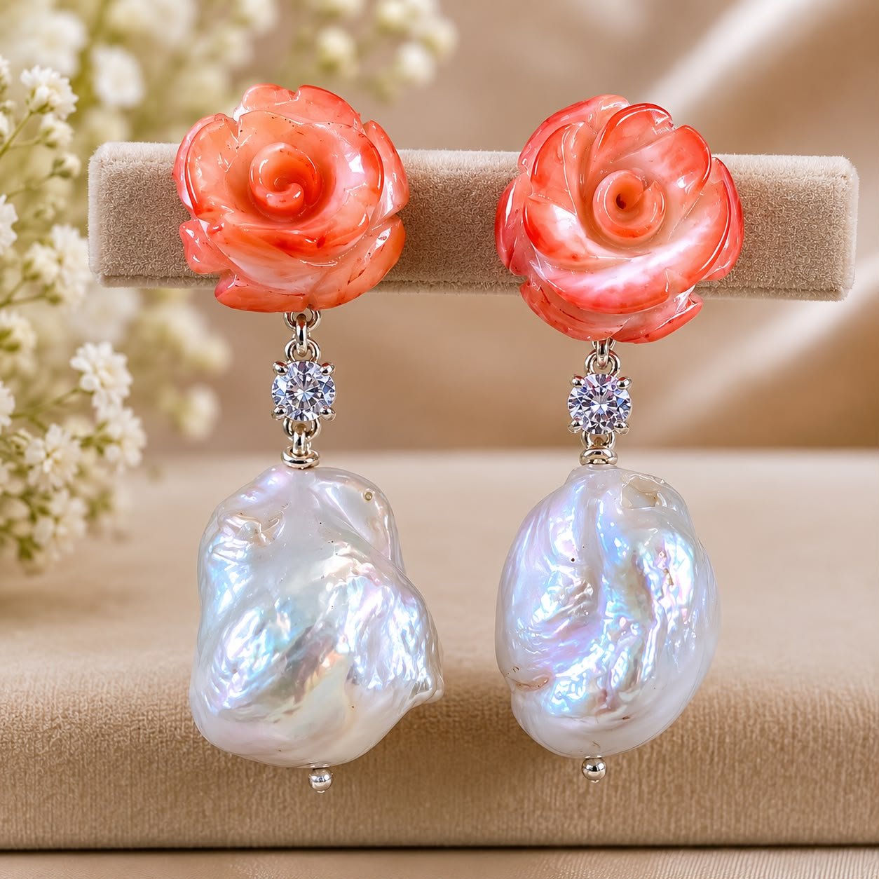 Coral Blossom & Baroque Pearl Earrings