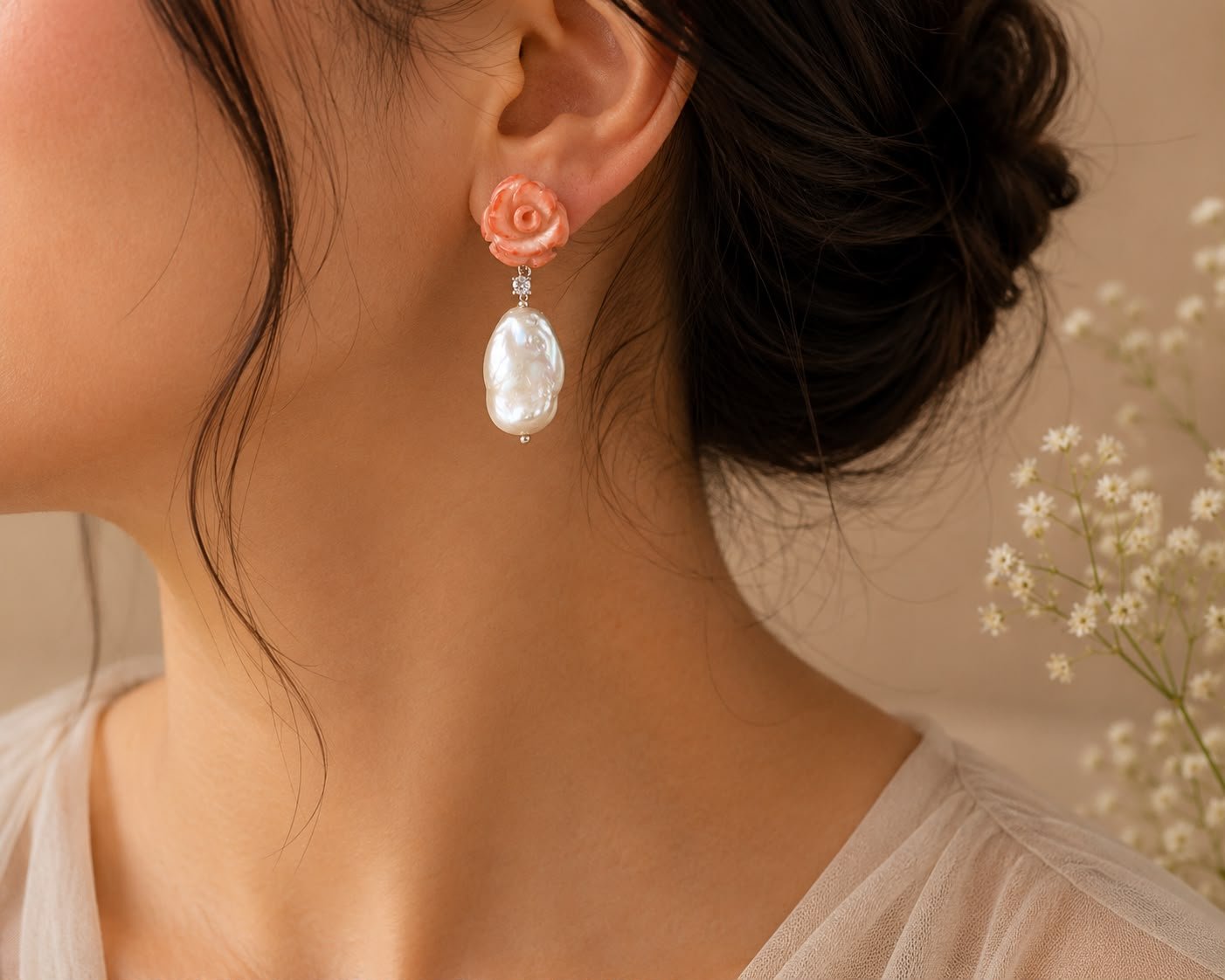 Coral Blossom & Baroque Pearl Earrings - Image 2