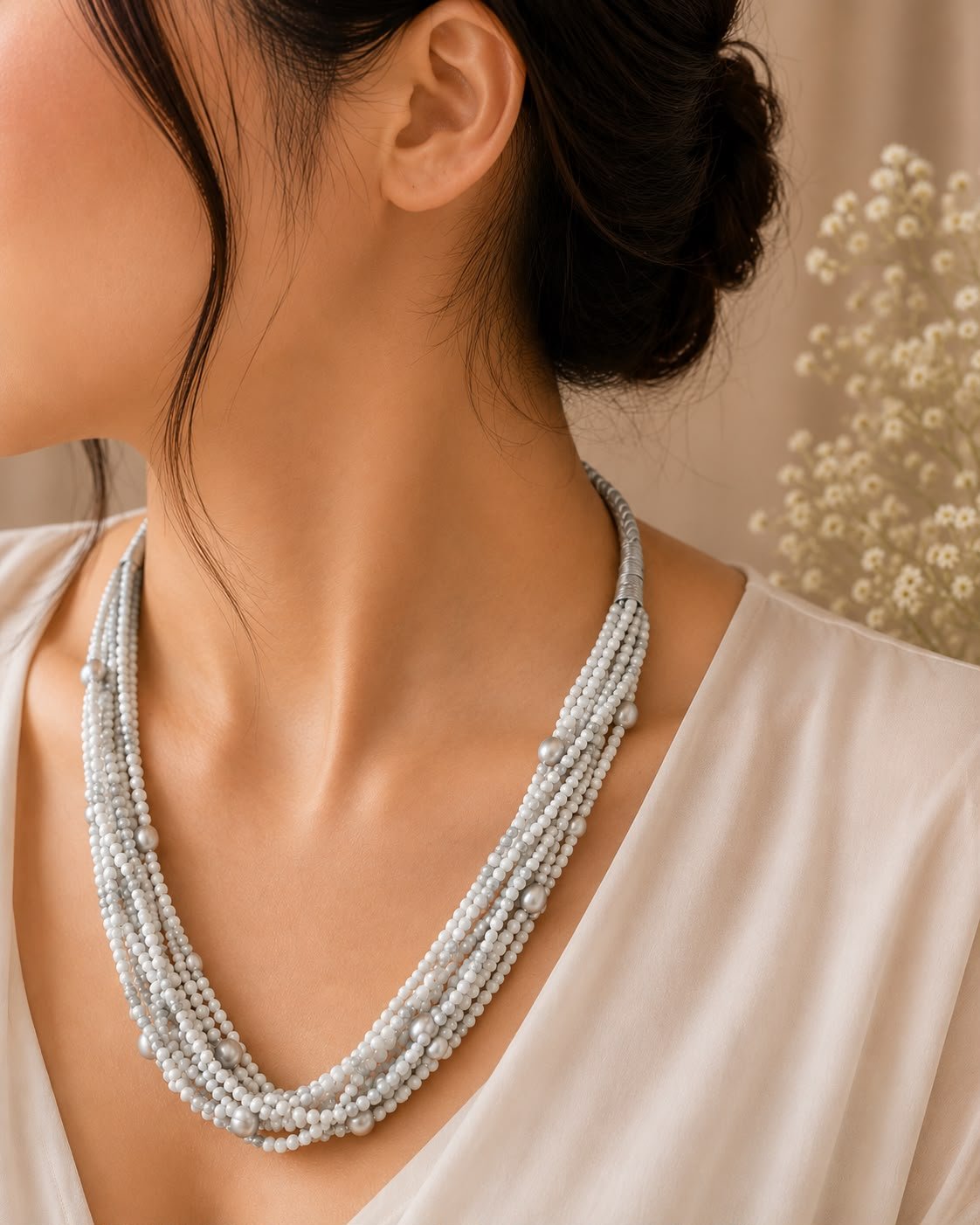 Grey Pearl & Hollow Stone Layered Necklace - Image 2