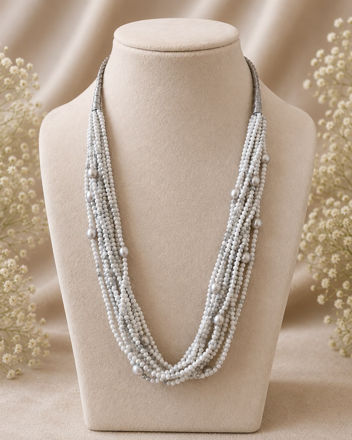 Grey Pearl & Hollow Stone Layered Necklace