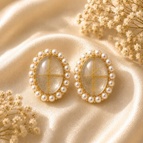 Golden Rutilated Quartz Pearl Halo Earrings