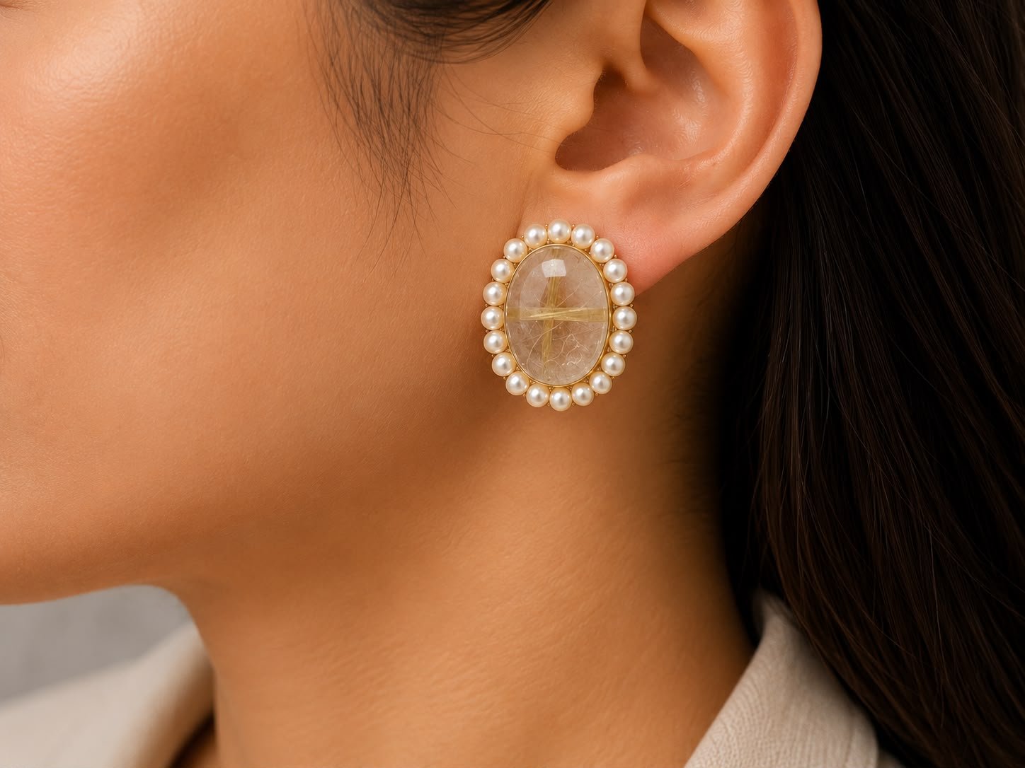Golden Rutilated Quartz Pearl Halo Earrings - Image 2
