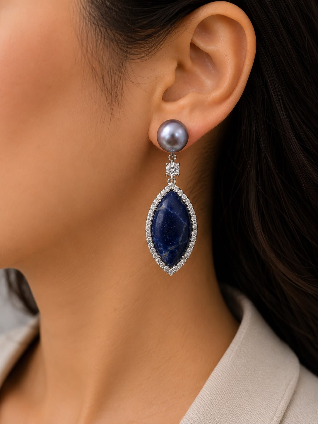 Grey Pearl & Lapis Luxe Drop Earrings - Image 2