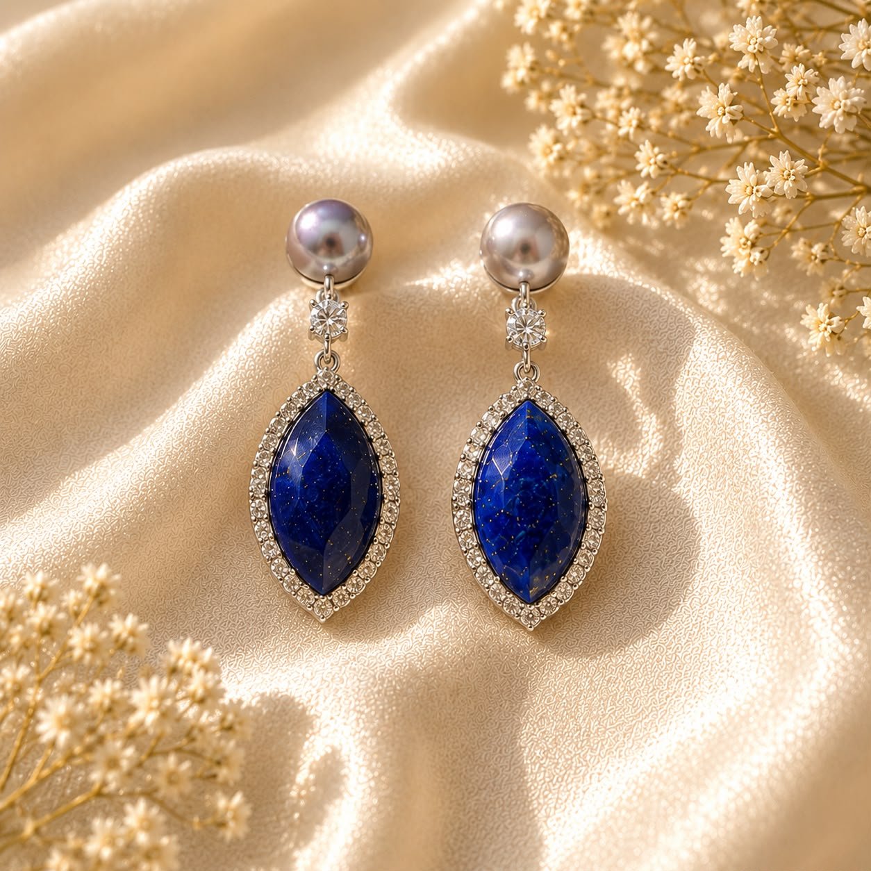 Grey Pearl & Lapis Luxe Drop Earrings