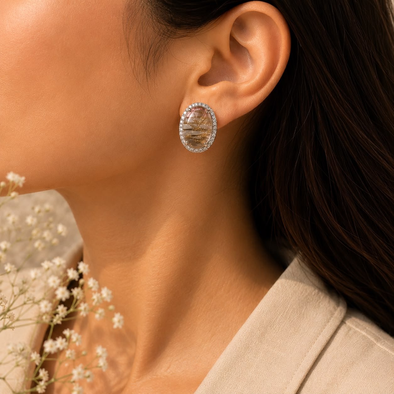 Golden Rutilated Quartz Halo Earrings - Image 2